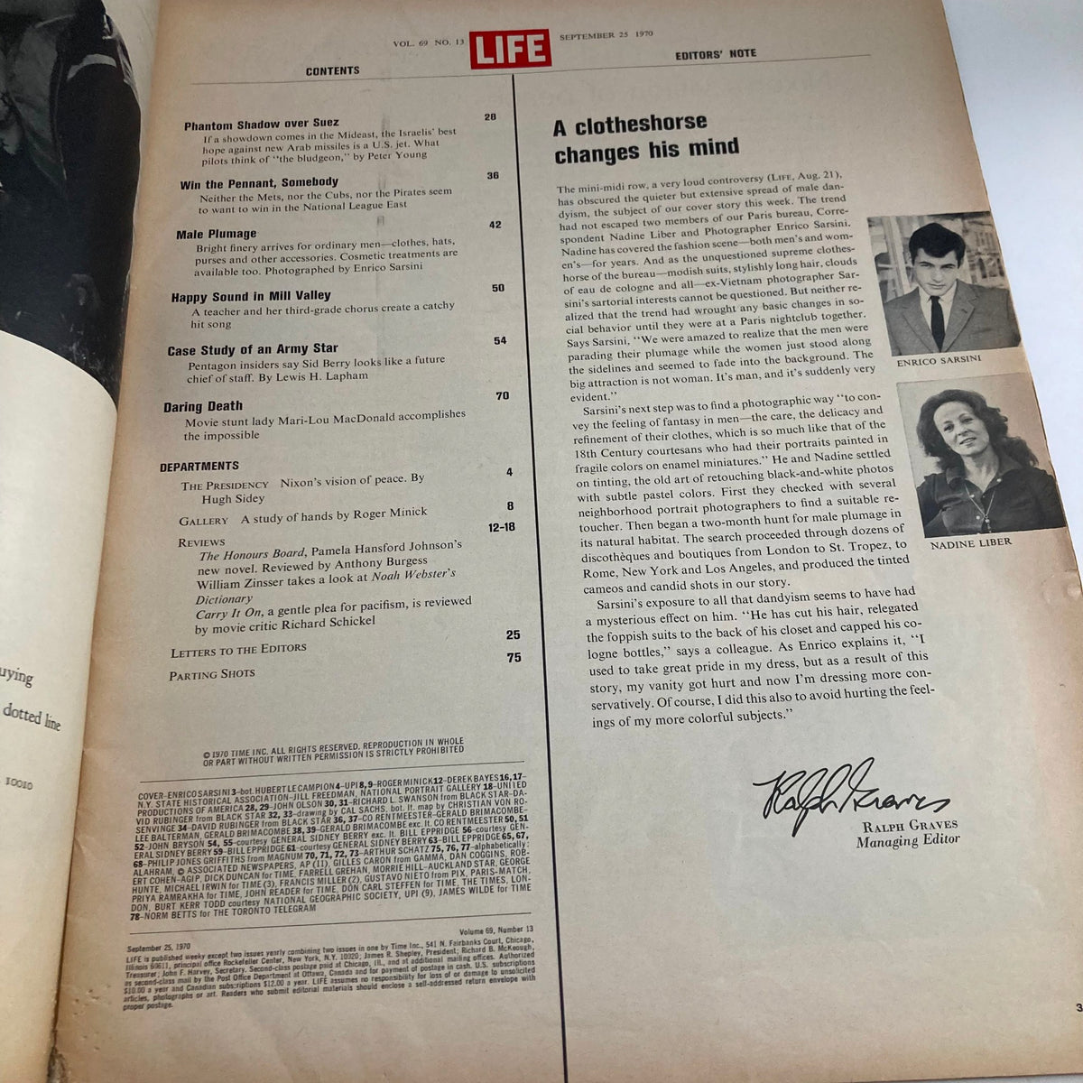 Contents page from VTG Life Magazine September 25, 1970, showcasing featured articles and editorials.