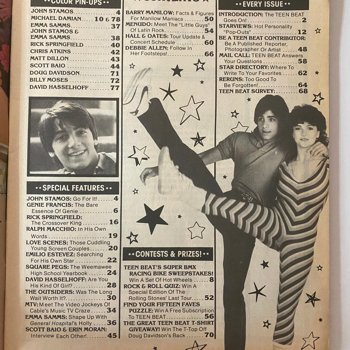 Interior page of Teen Beat Magazine June 1983 showcasing color pin-ups and special features including interviews with John Stamos and Emma Samms.
