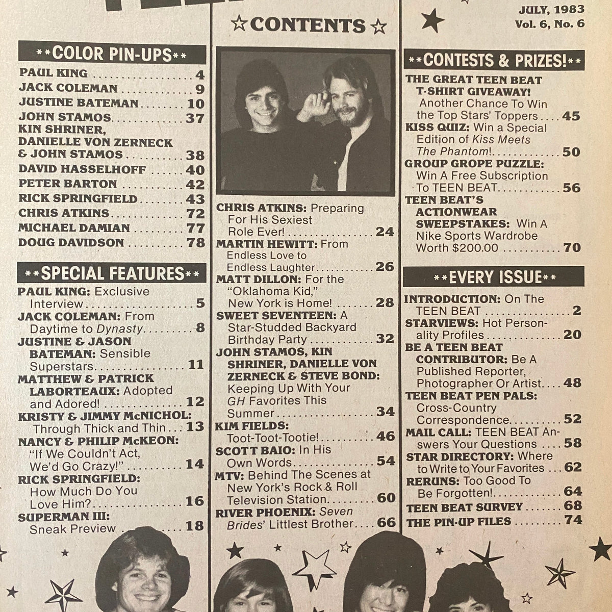 Contents page of Teen Beat Magazine July 1983, listing featured articles, celebrity pin-ups, and contests within the issue.