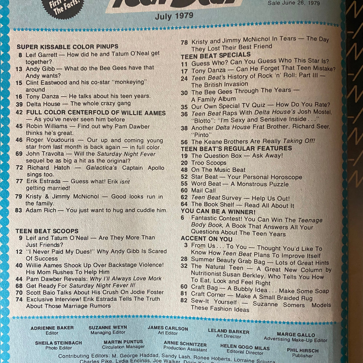 Inside pages of Teen Beat Magazine July 1979 showcasing content including celebrity interviews, pin-ups, and features about popular stars like Erik Estrada, Pam Dawber, and others relevant to late '70s youth culture.
