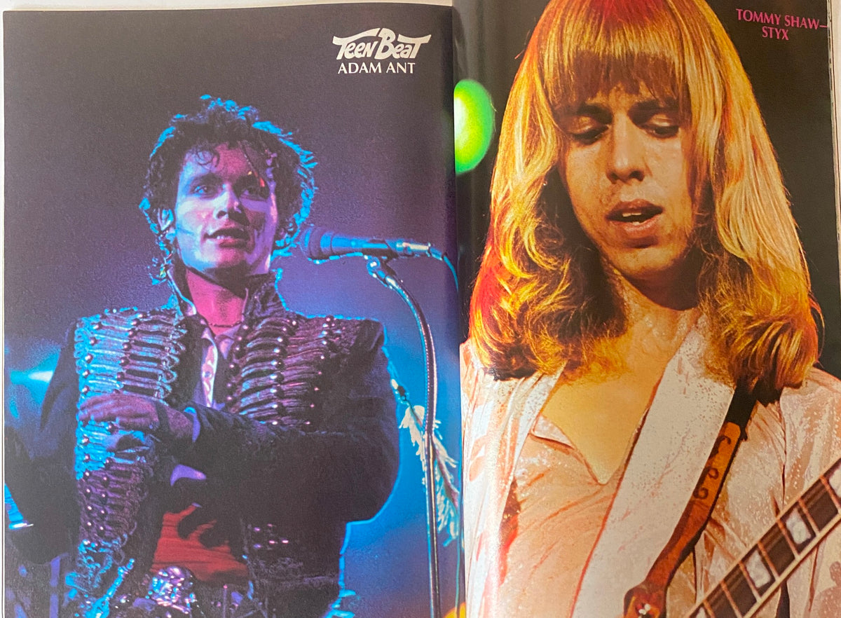 Inside spread of Teen Beat Magazine April 1982 featuring Adam Ant and Tommy Shaw of Styx in vibrant concert photography.
