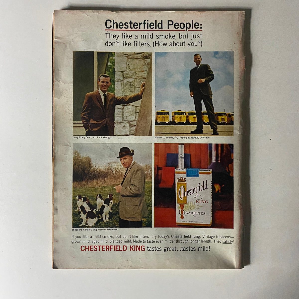 Vintage Chesterfield cigarette advertisement featuring four individuals labeled as Chesterfield People, showcasing the brand's appeal and a mild smoking experience.