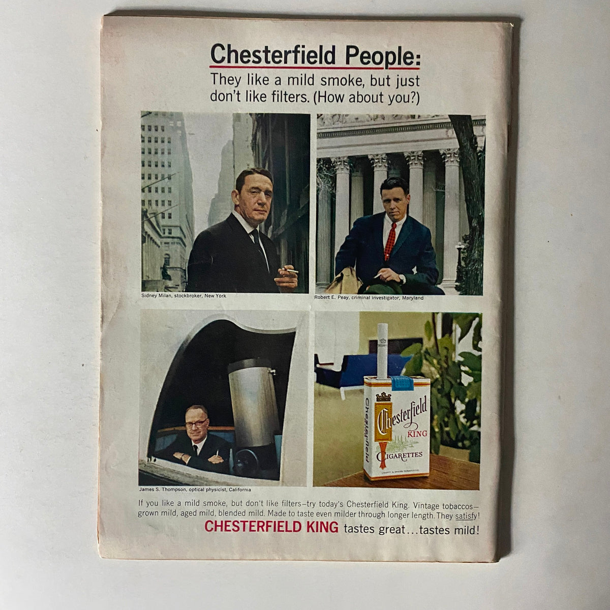 Back cover of Time Magazine January 8, 1965 Vol 85 No. 2, showcasing an advertisement for Chesterfield cigarettes with images of various individuals, promoting the message of a mild smoke without filters.