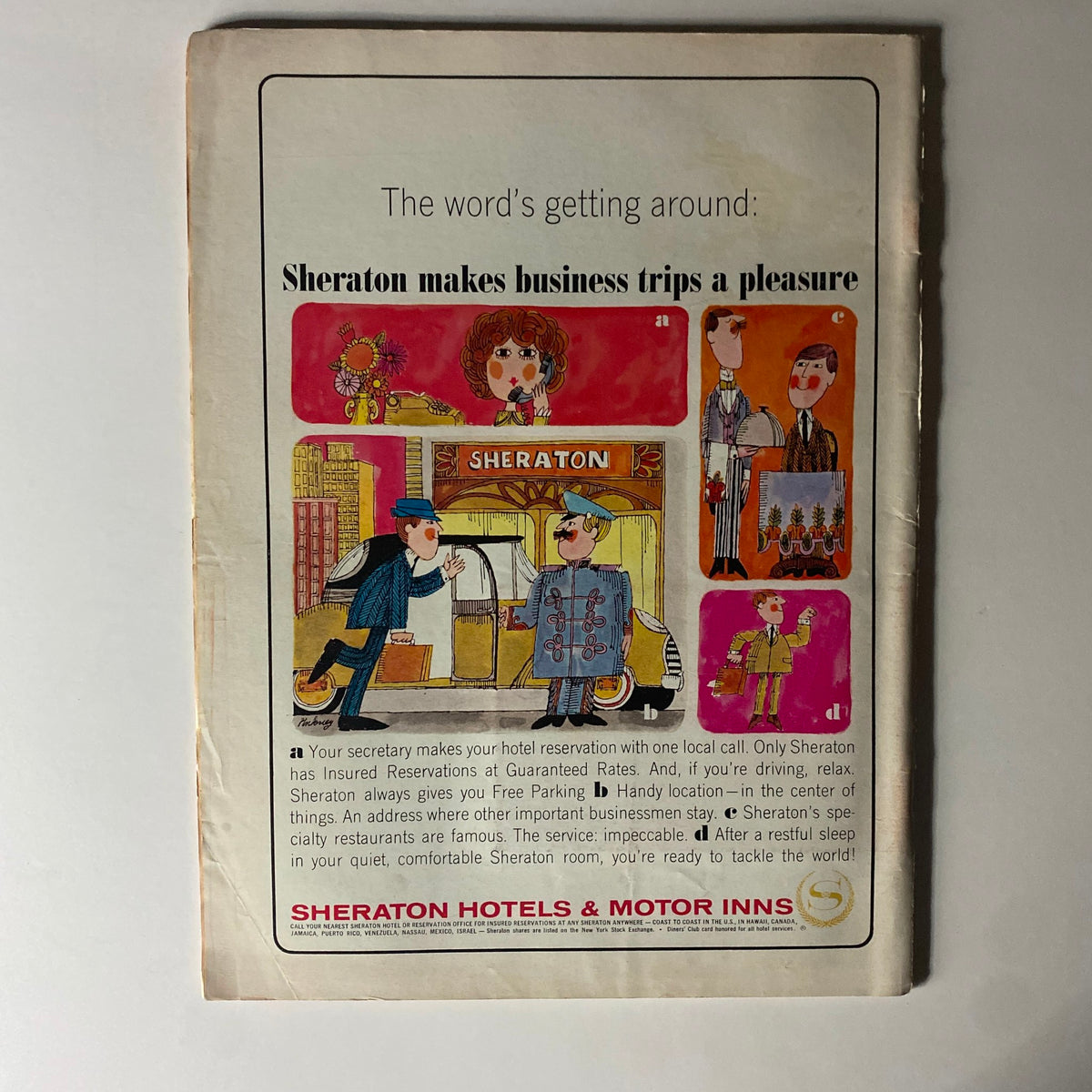 Vintage advertisement for Sheraton Hotels featured in Time Magazine, January 22, 1965, highlighting business travel conveniences and services.