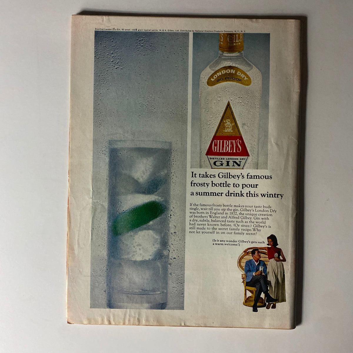 Back cover of Time Magazine from September 3, 1965, showcasing an advertisement for Gilbey's Gin with a frosty drink and branding details.