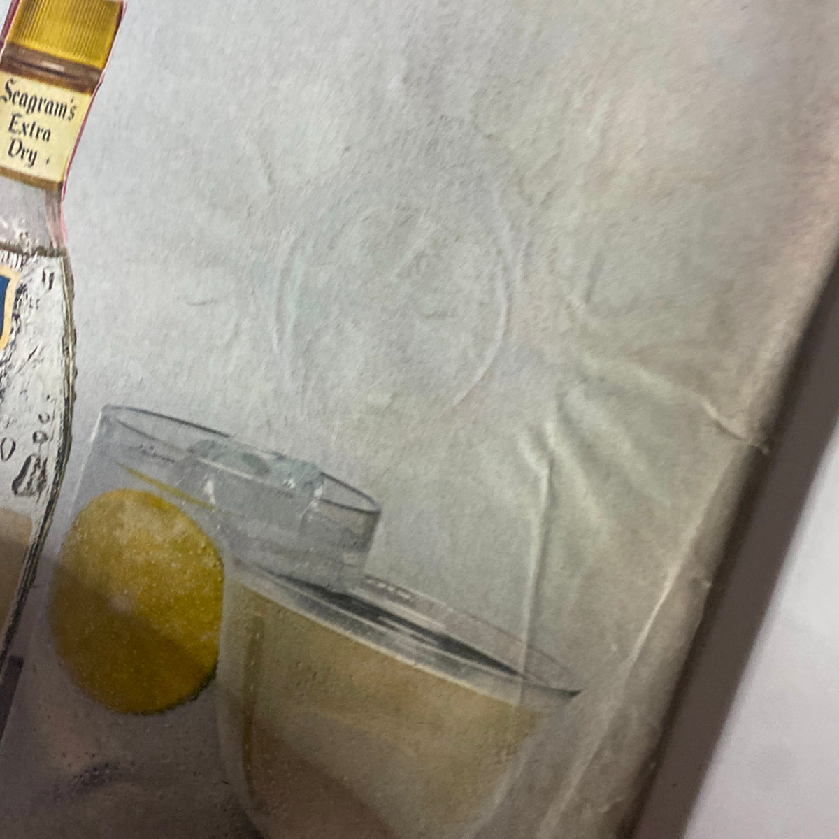 Close-up view of the back cover advertisement from Time Magazine August 13, 1965, highlighting Seagram's Extra Dry Gin, with cocktails set against a neutral background.