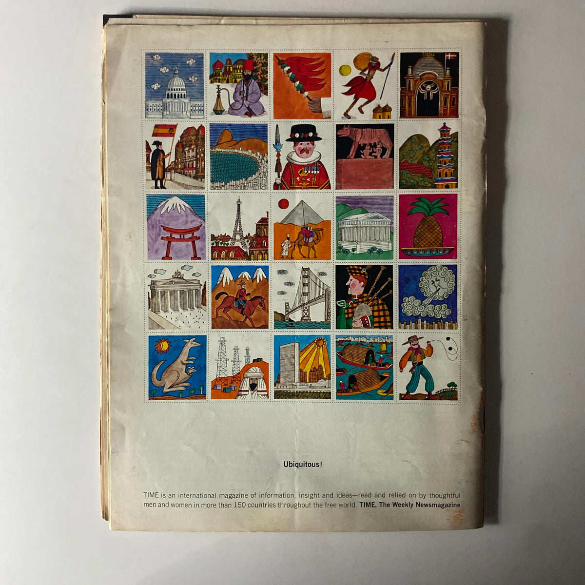 Back cover of Time Magazine, May 14, 1965, Vol 85 No. 20, displaying colorful illustrations and text related to communication.