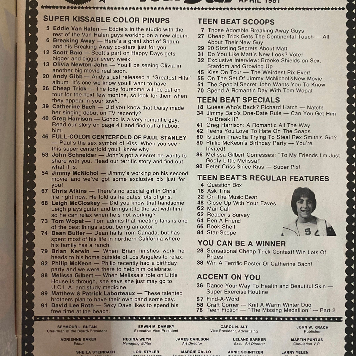 Interior page of Teen Beat Magazine, April 1981 displaying the Super Kissable Color Pinups list and various features including articles on pop culture icons and interviews.