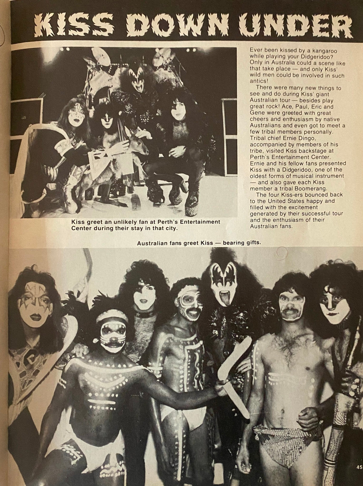 Teen Beat Magazine April 1981 showcases a vintage black and white photo of the band Kiss interacting with fans in Australia, captured during their tour.