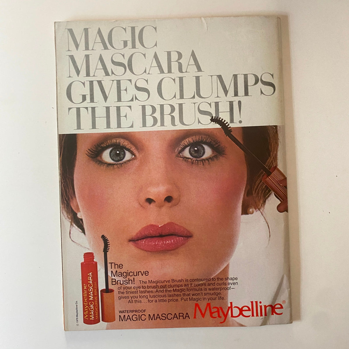 Teen Beat Magazine April 1981 showcases a Maybelline advertisement for Magic Mascara featuring a close-up of a woman's face with striking makeup.
