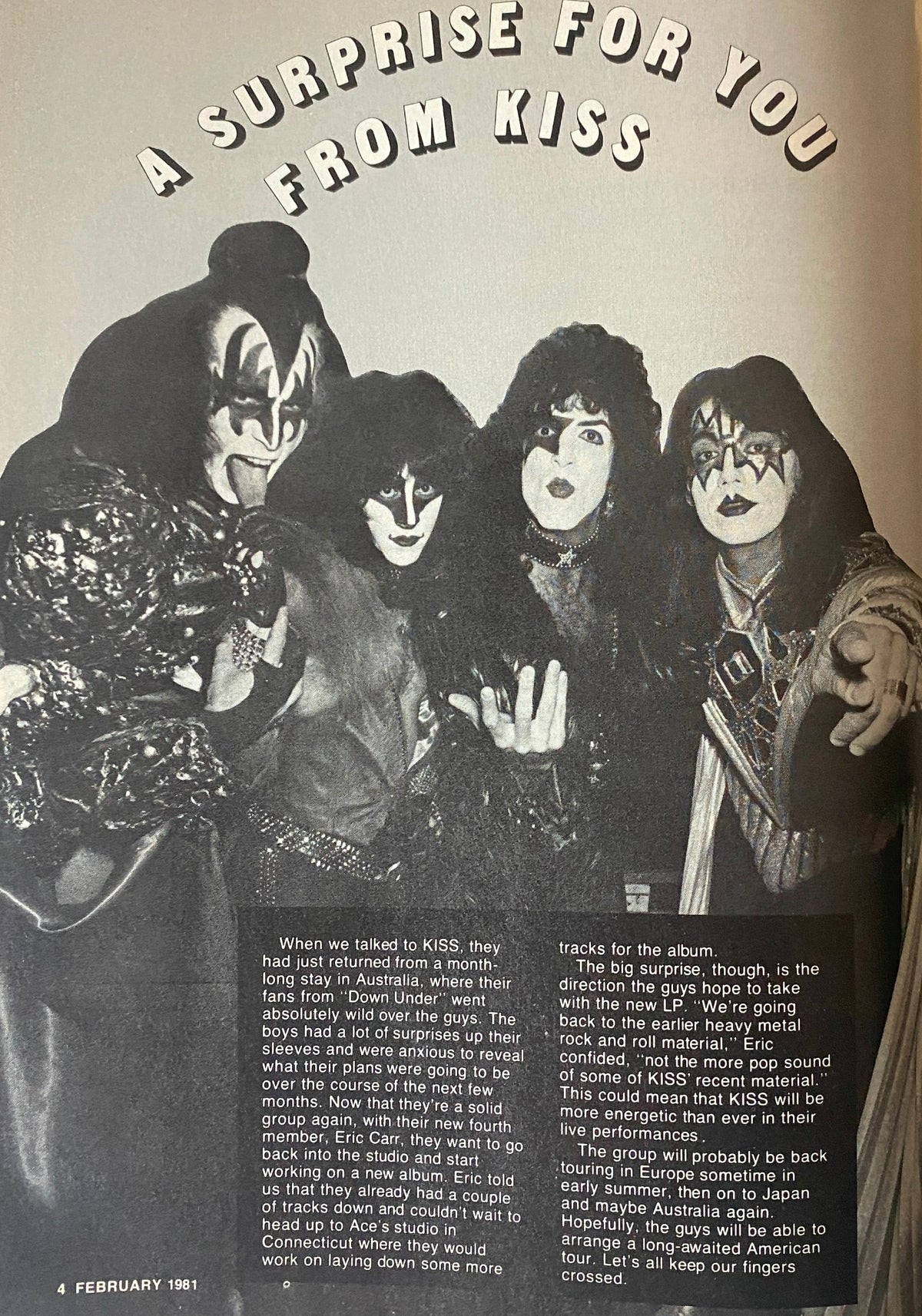 Feature article titled 'A Surprise for You from KISS' in Teen Beat Magazine February 1981, highlighting the band's insights.