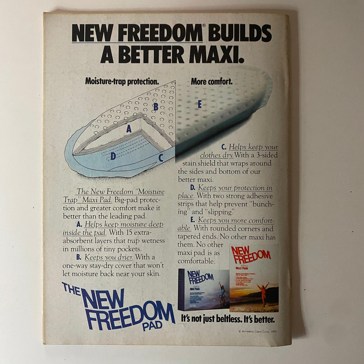 Advertisement for New Freedom Maxi Pads highlighting features like moisture trap protection and comfort, from a 1981 issue of a magazine.