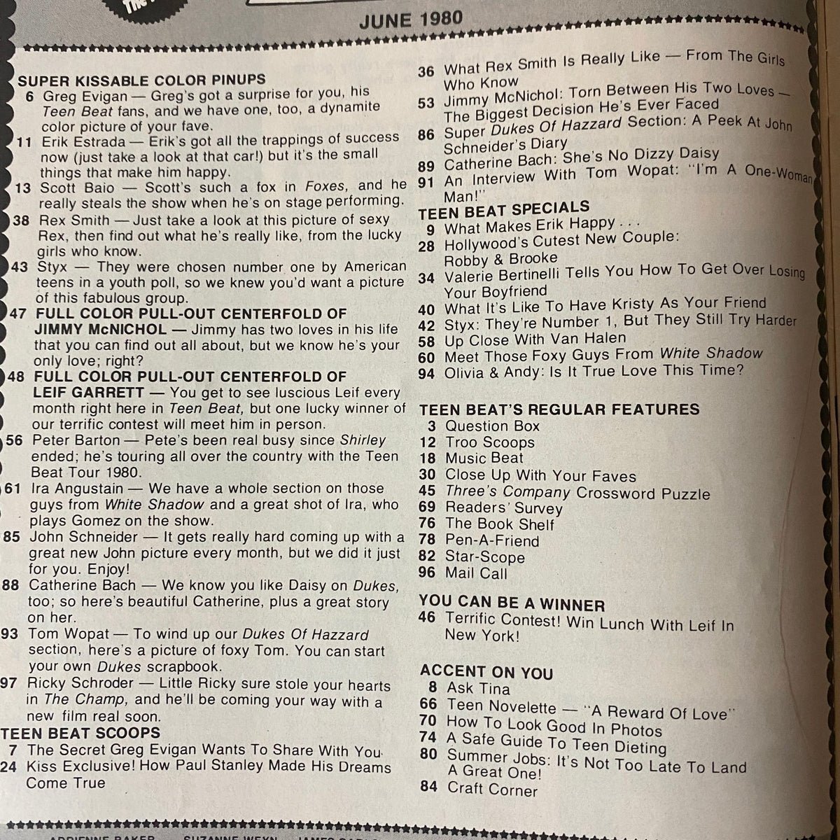 Teen Beat Magazine June 1980 pages showcasing content index, including features like interviews with stars and pinups.