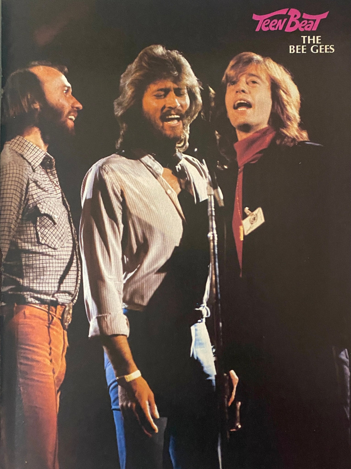The Bee Gees in performance featured in Teen Beat Magazine May 1979, showcasing their charisma and musical talent during a live show.