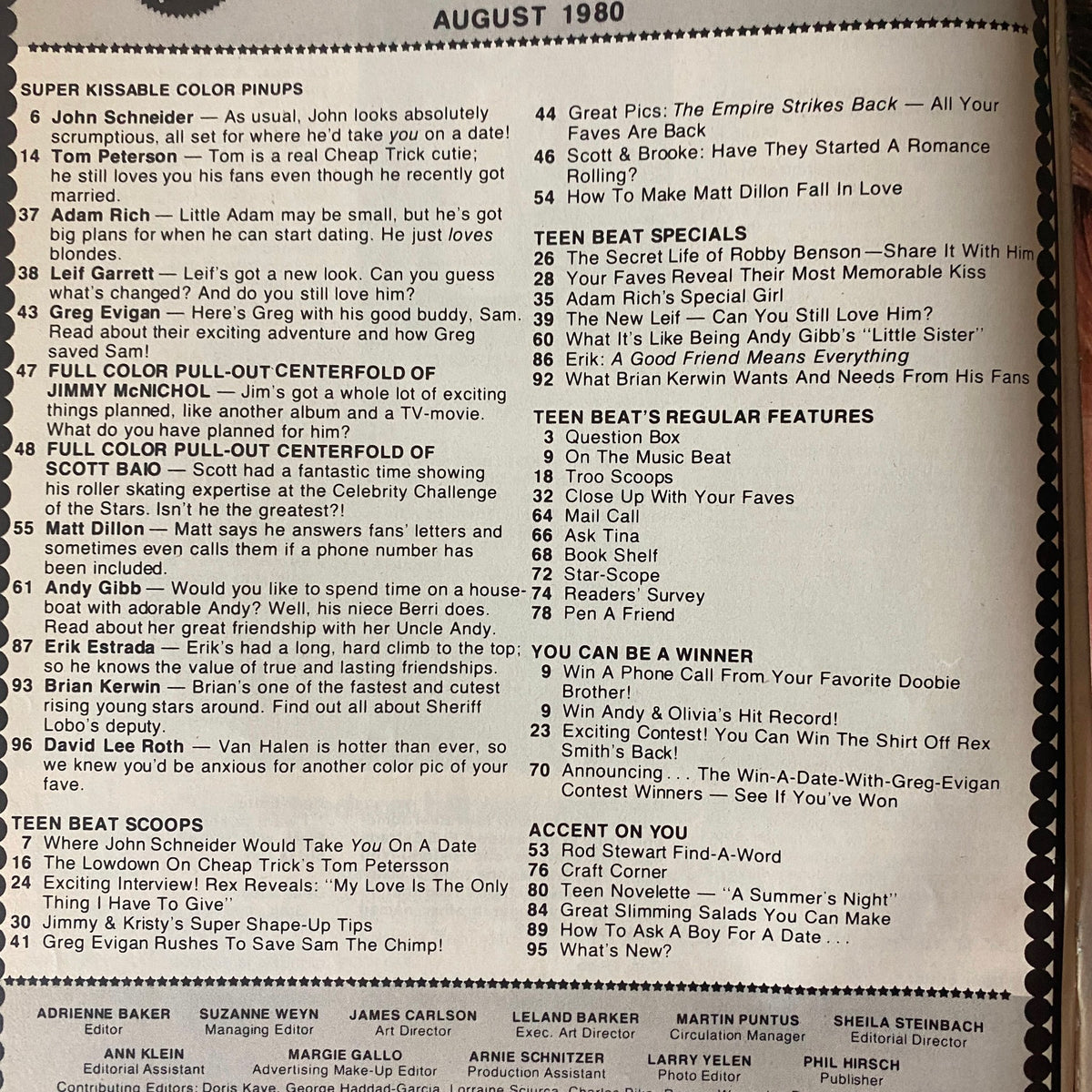 Contents page of Teen Beat Magazine August 1980, listing features including interviews and pin-ups of famous stars like John Schneider and Adam Rich.