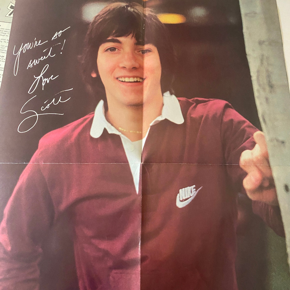 Autographed poster of Scott Baio from Teen Beat Magazine August 1980 with a handwritten message saying 'You're so sweet! Love Scott'.