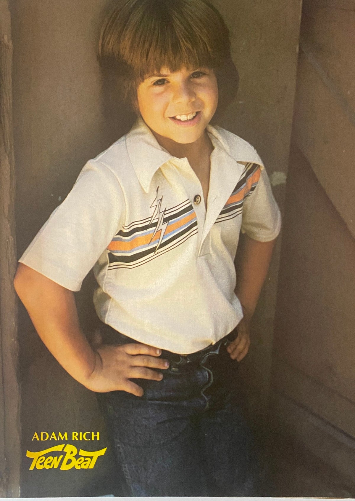 Teen Beat Magazine August 1980 featuring Adam Rich smiling in a stylish lightning striped polo shirt, showcasing '80s pop culture.