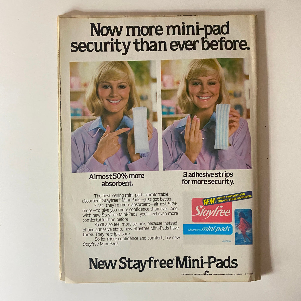 Teen Beat Magazine advertisement for Stayfree Mini-Pads, highlighting comfort and absorbency with a smiling model demonstrating the product.