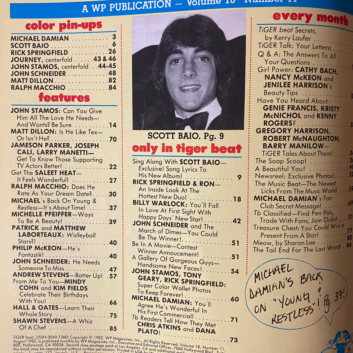 Tiger Beat Magazine August 1982 featuring Scott Baio, highlighting color pin-ups and celebrity features.