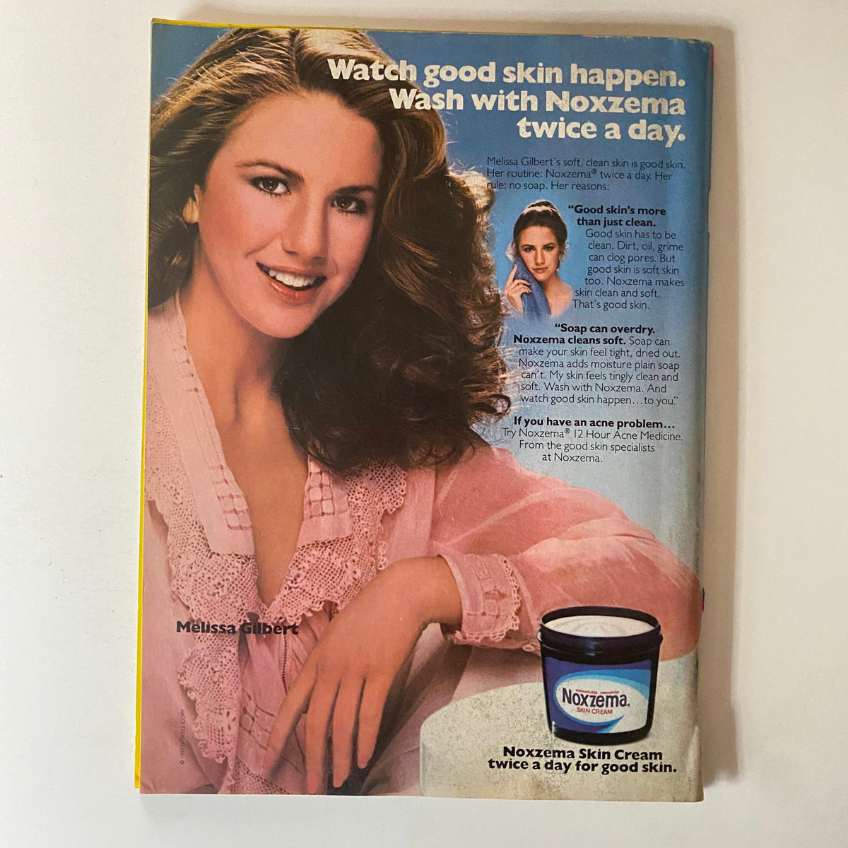 Tiger Beat Magazine August 1982 featuring John Stamos and Scott Baio, includes a vintage Noxzema advertisement with actress Melissa Gilbert promoting skin care, highlighting the benefits of Noxzema Skin Cream for good skin.