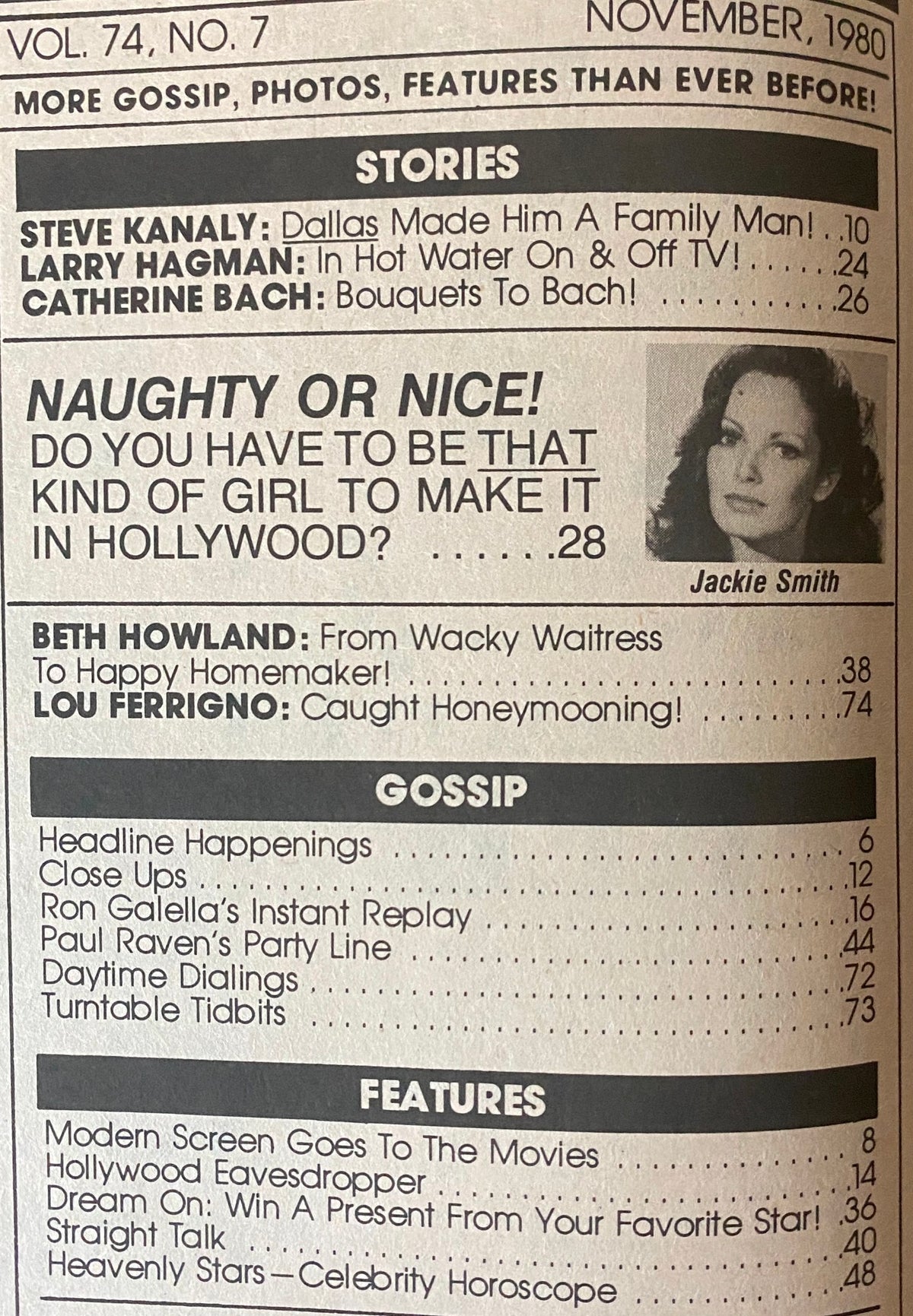 Contents page of Modern Screen Magazine November 1980 highlighting stories including Larry Hagman and Beth Howland, and featuring celebrity gossip.