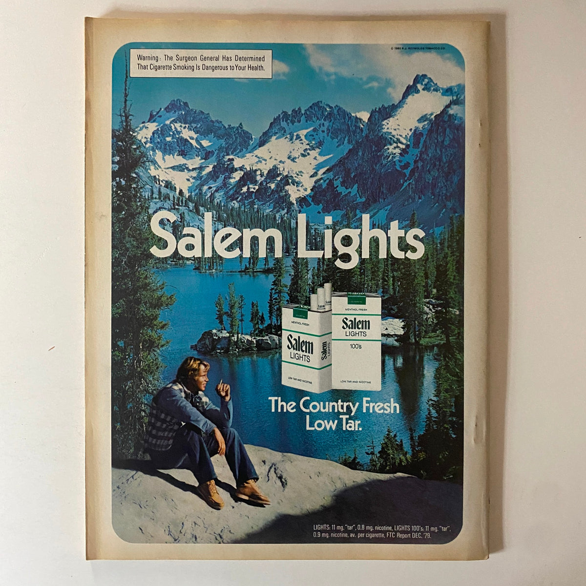 Back cover of Modern Screen Magazine November 1980 showcasing an advertisement for Salem Lights cigarettes with a scenic mountain lake background.