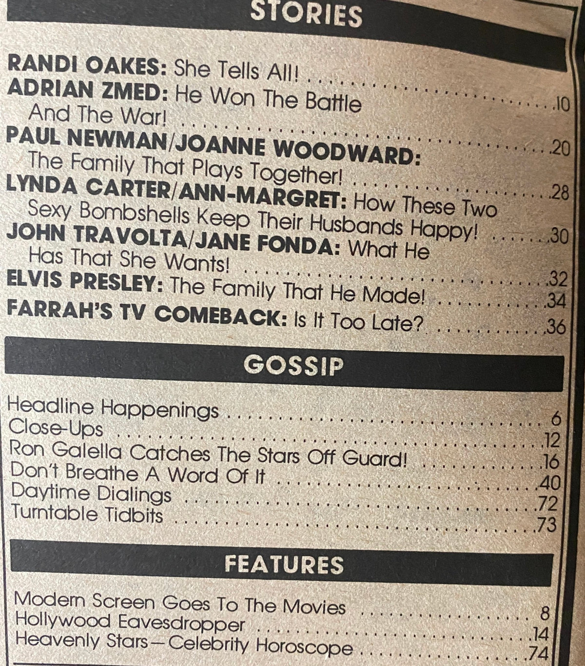Contents page of Modern Screen Magazine May 1980, showcasing stories and articles including Farrah Fawcett's TV comeback and other celebrity features.