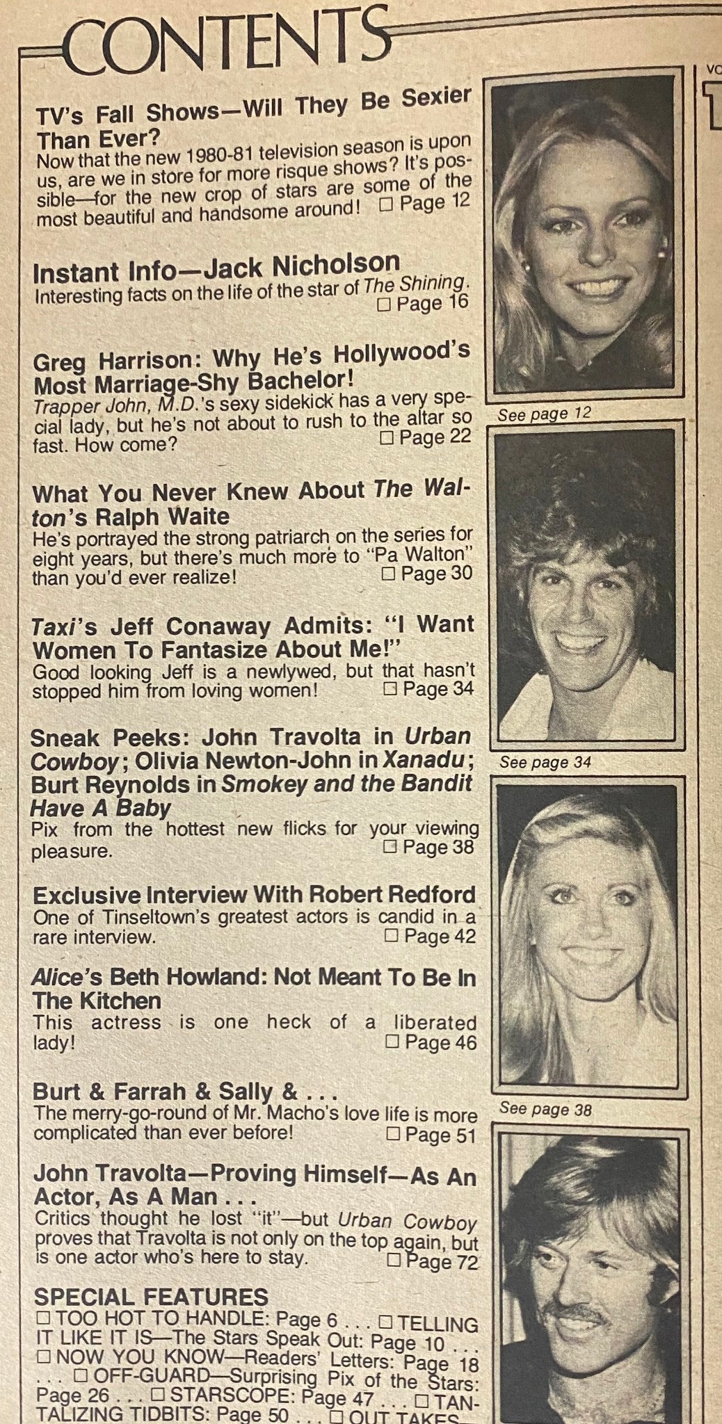 Contents page of TV Picture Life Magazine November, listing articles on John Nicholson, Greg Harrison, Ralph Waite, and others, showcasing the magazine's focus on vintage television.