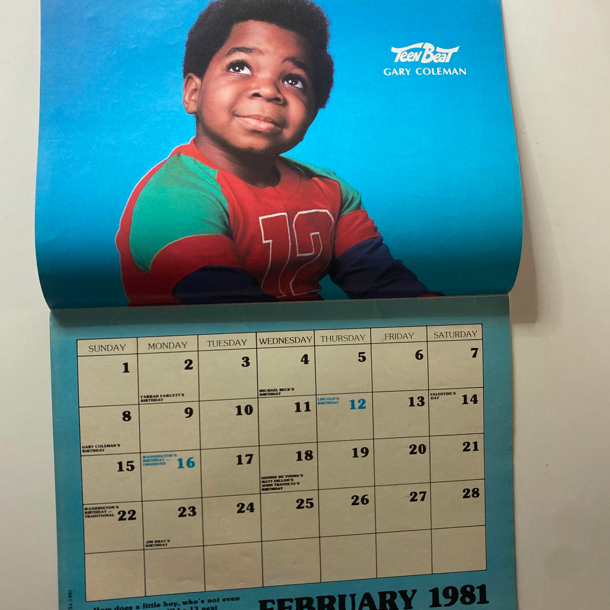 Teen Beat’s Calendar Magazine 1981 featuring Gary Coleman, displaying a cheerful image along with a colorful February calendar.