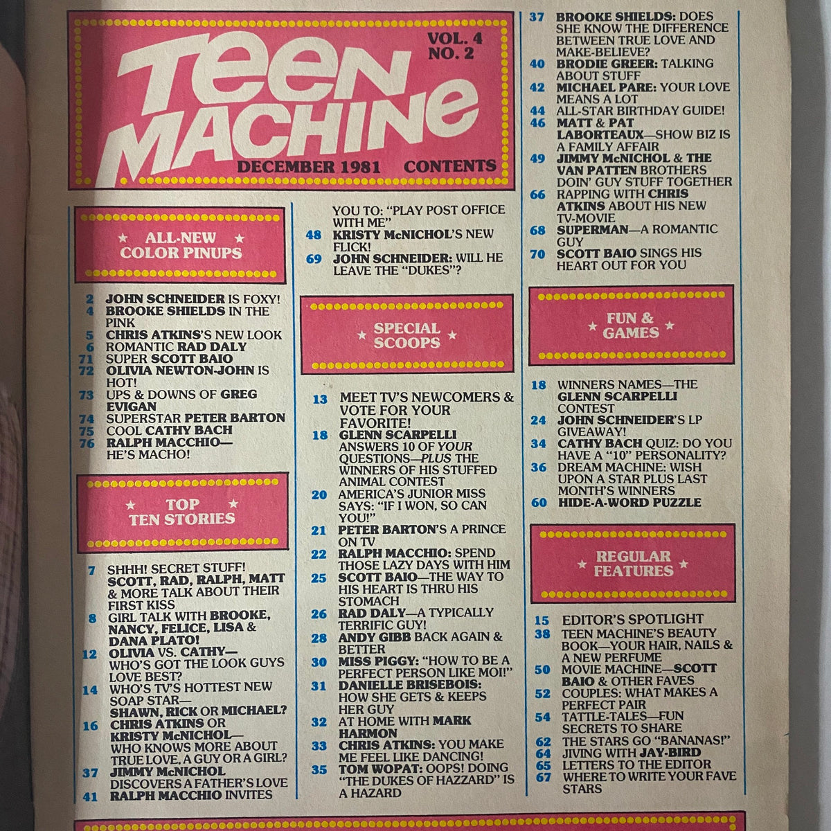 Teen Machine Magazine December 1981 contents page highlighting articles and features including Scott Baio and Ralph Macchio.