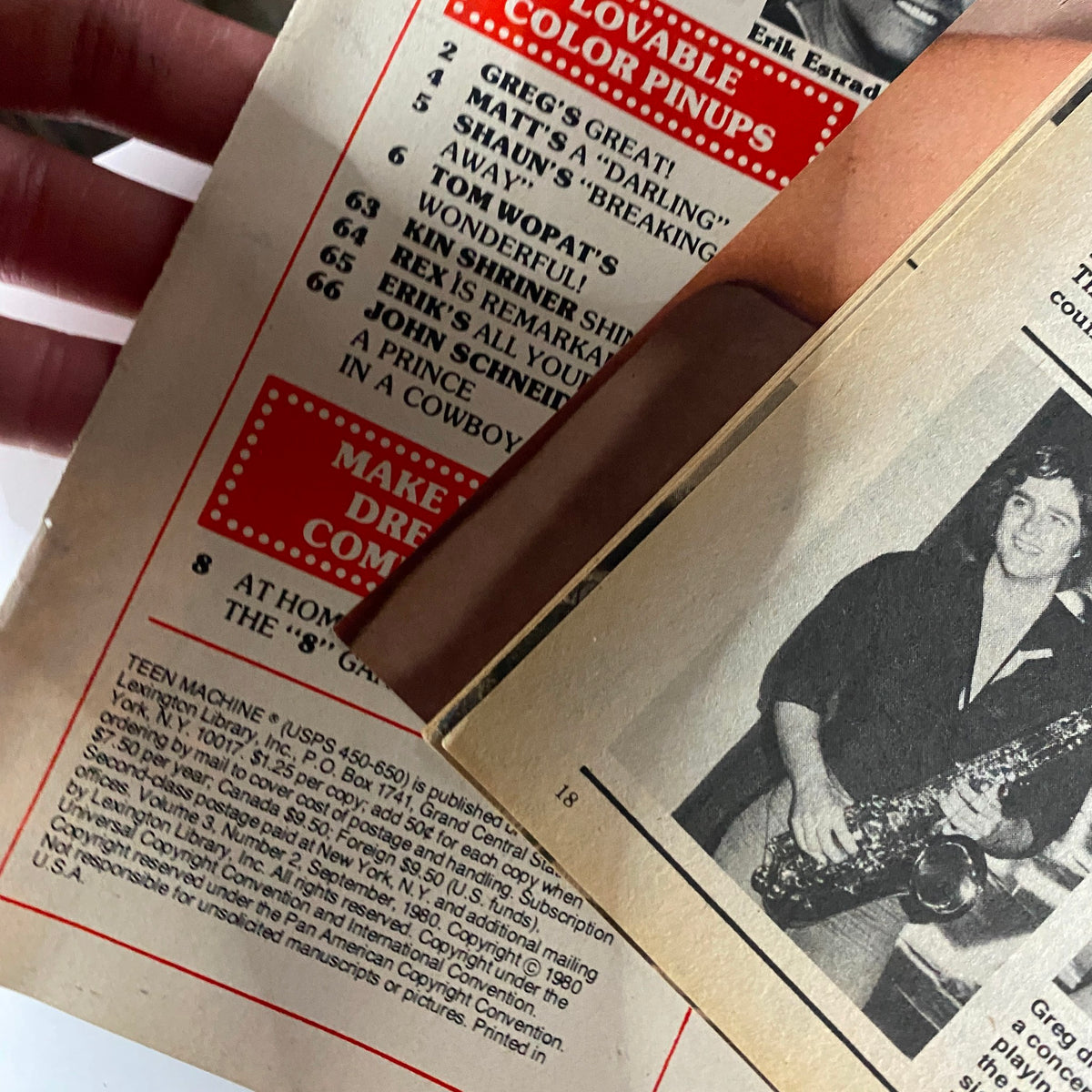 Teen Machine Magazine September 1980 featuring a content page highlighting color pinups including Greg Evigan and Matt Dillon.
