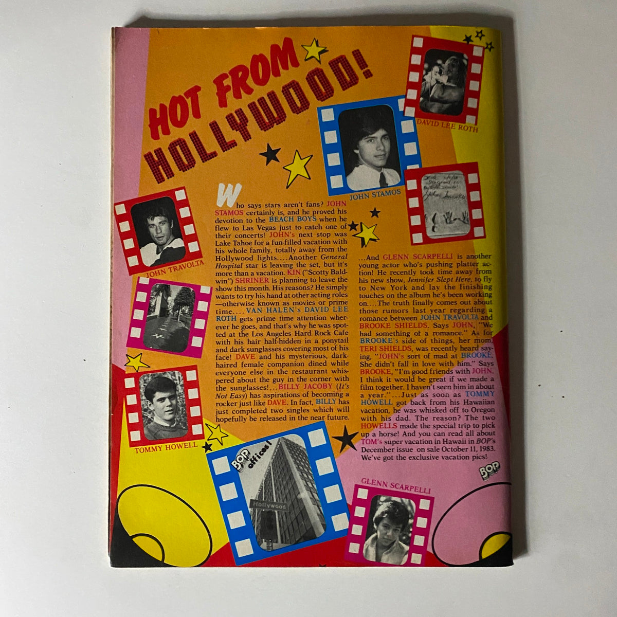 Back cover of BOP Magazine November 1983 highlighting John Stamos and Tommy Howell with bold colors and playful design, including images of popular 1980s stars.