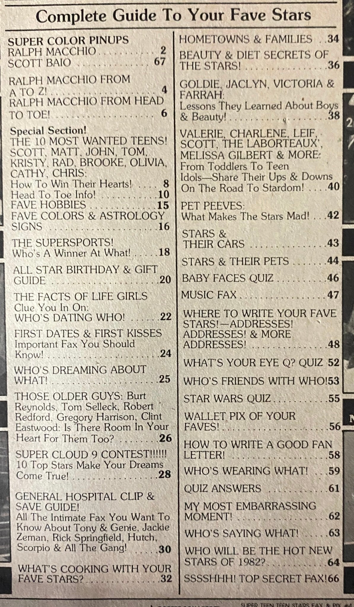 Table of contents for SuperTeen: Teen Stars Fax & Pix No. 4, outlining features including celebrity profiles and fun quizzes relevant to 1980s teen stars.