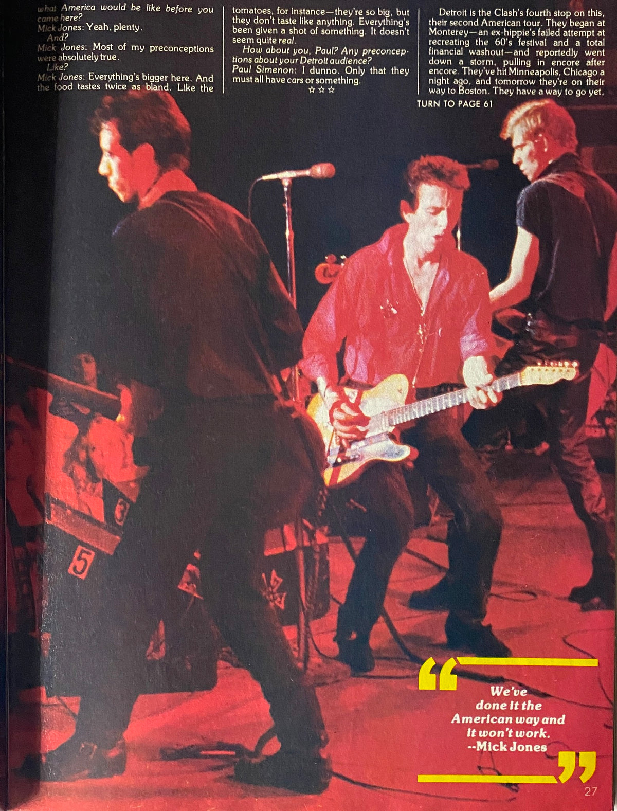 Live performance shot from the magazine Creem Close-Up: Heavy 100, October 1983, depicting the band The Clash in action on stage.