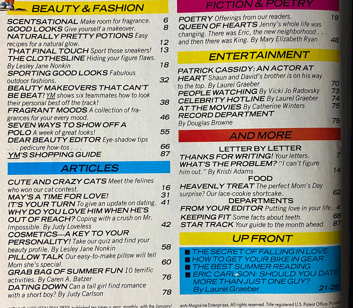 Interior page of Young Miss Magazine May 1983 showcasing sections on beauty and fashion, articles, and entertainment features designed for young women in the 1980s.