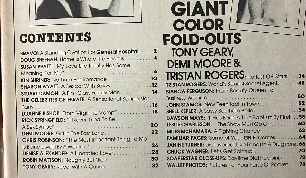 Table of contents from Photoplay Soaperstar Magazine Summer 1982, detailing featured articles and interviews with Tony Geary, Demi Moore, and other soap stars.
