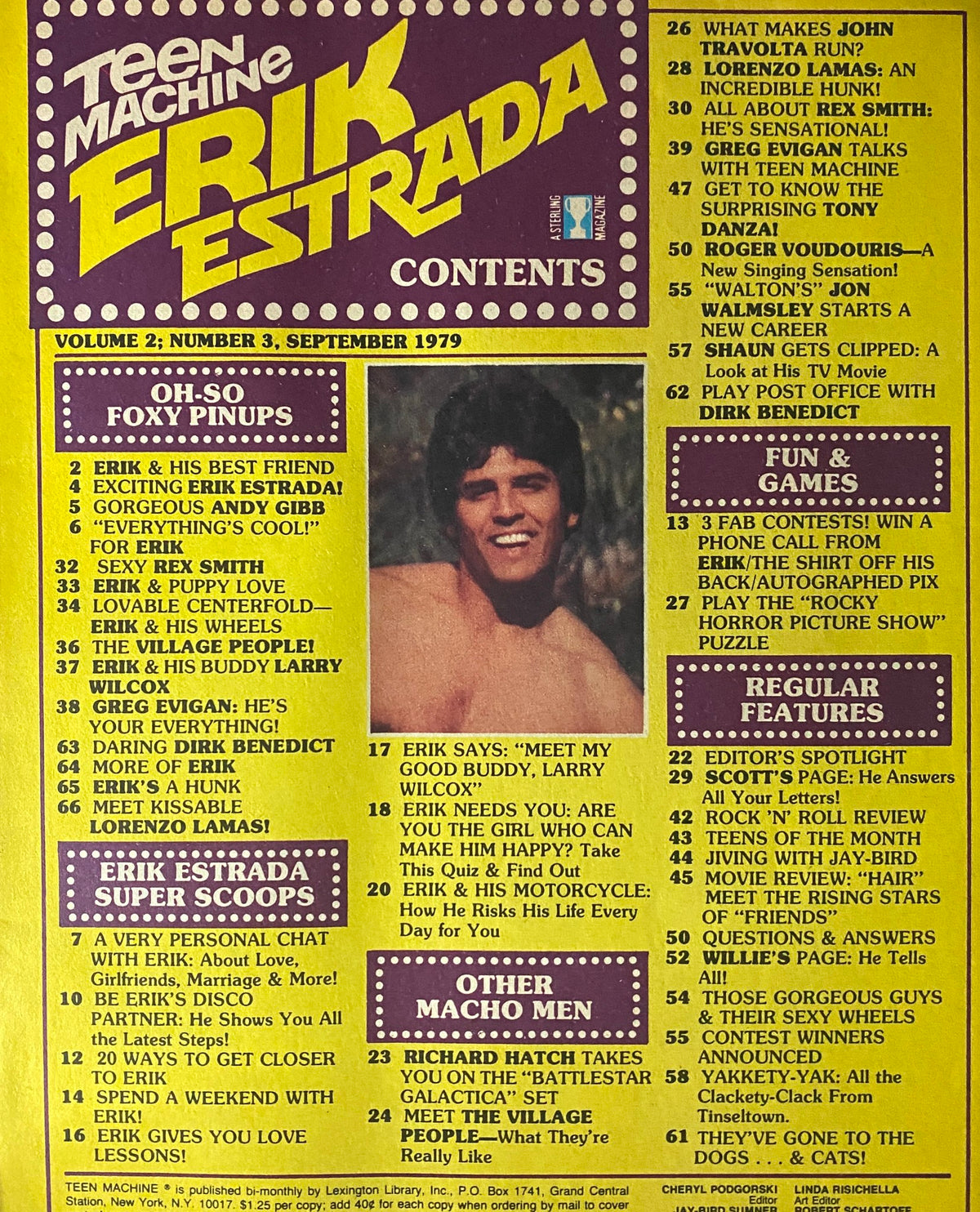 Teen Machine Magazine September 1979 Erik Estrada, Greg Evigan w Poster No Label