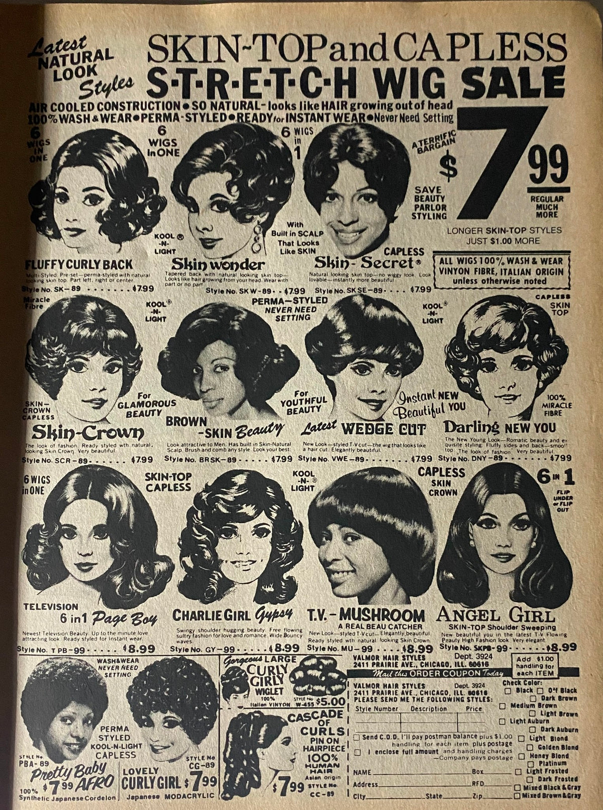 A vintage advertisement from the July issue of TV Picture Life Magazine promoting various styles of hair wigs for sale, capturing the beauty trends of the 1980s.