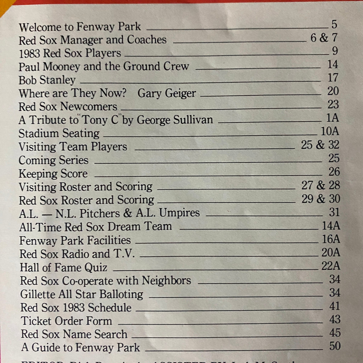 Table of contents from the 1983 Boston Red Sox Official Scorebook Magazine, showcasing featured sections including players, coaches, Fenway Park, and key historical moments.