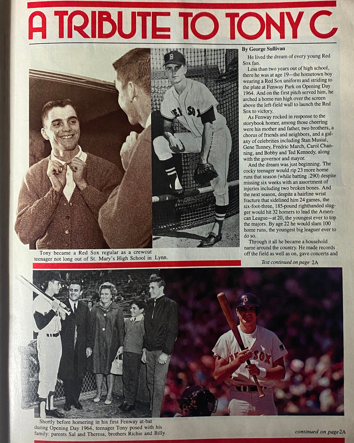 A tribute page to Tony Conigliaro in the 1983 Boston Red Sox Official Scorebook Magazine, featuring historical photographs and highlights of his impact on the team.
