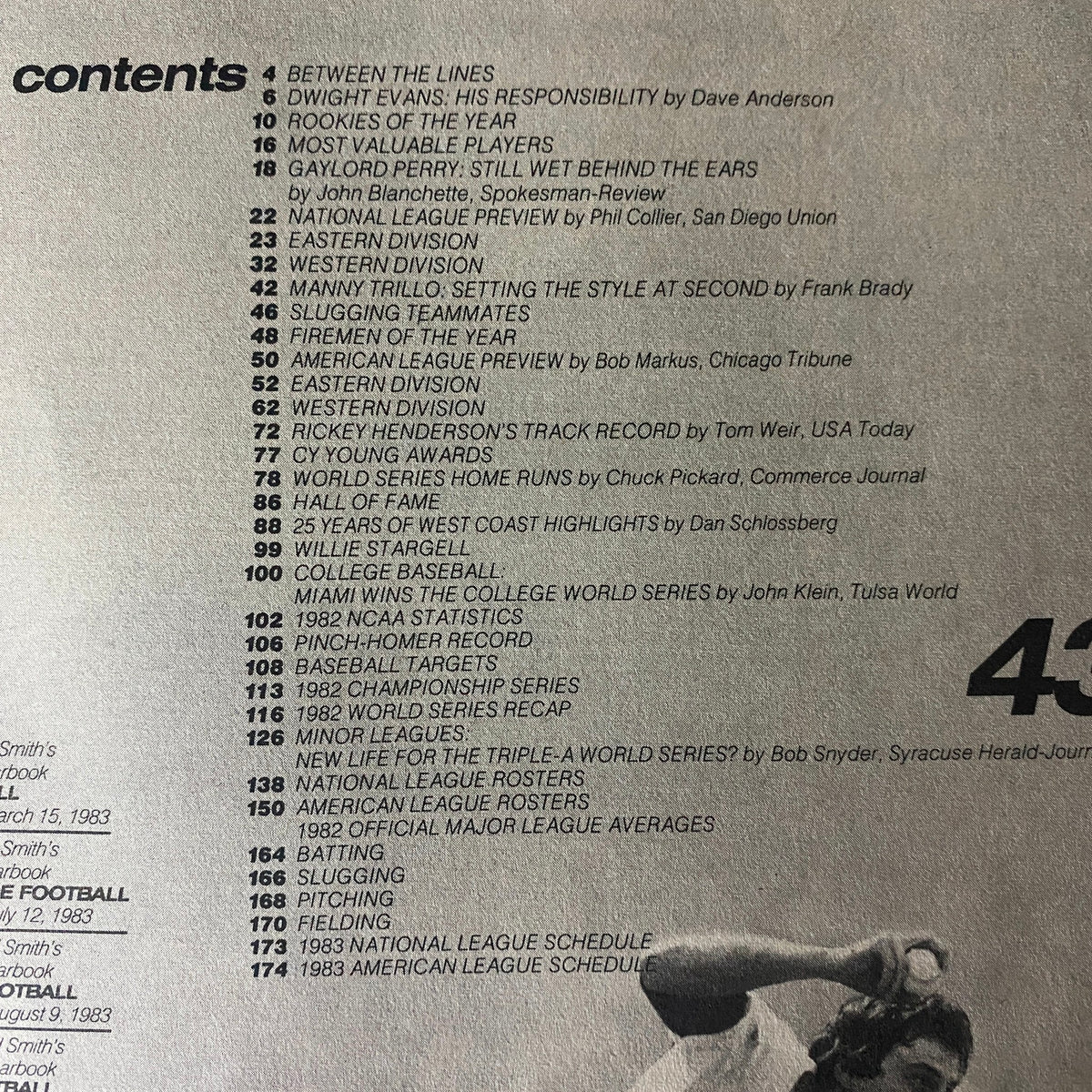 Table of contents from the 1983 Street and Smith's Official Yearbook Baseball detailing various articles and player profiles.
