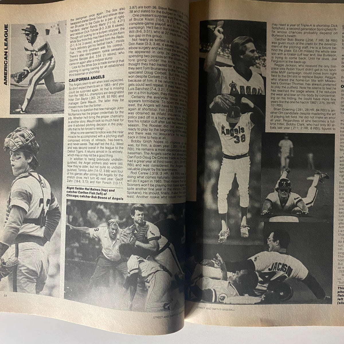 Inside pages from the 1983 Street and Smith's Official Yearbook Baseball highlighting detailed team analyses and player statistics.