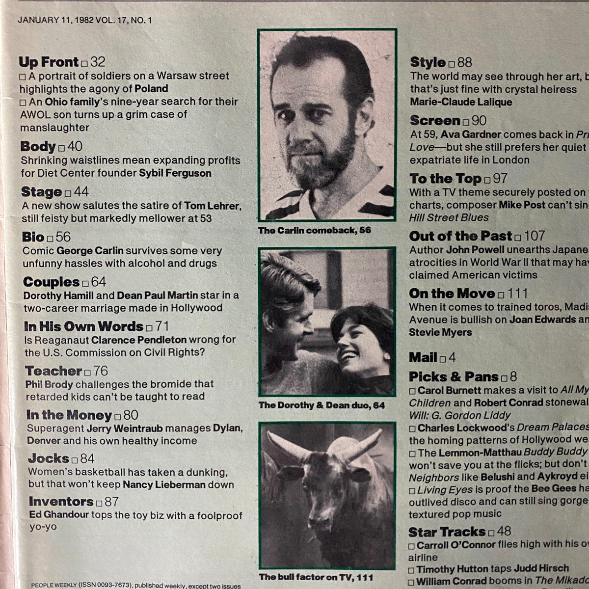 Table of contents from People Weekly Magazine January 11, 1982, highlighting featured articles including George Carlin and Dorothy Hamill.