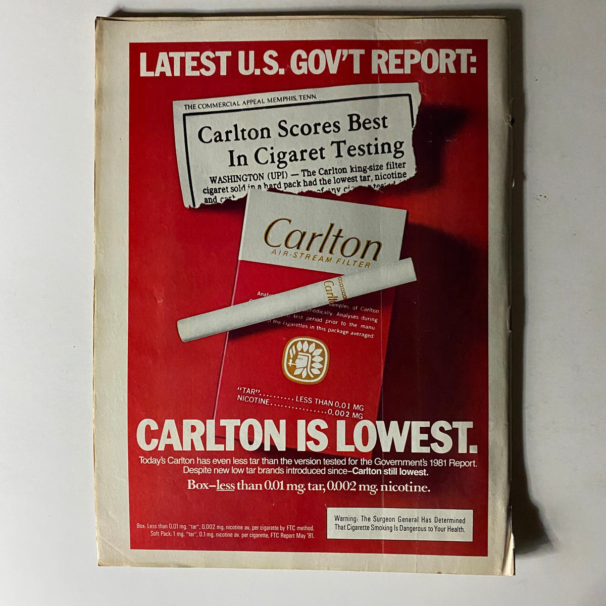 Back cover of People Weekly Magazine January 11, 1982 advertising Carlton cigarettes with claims of low tar and nicotine.