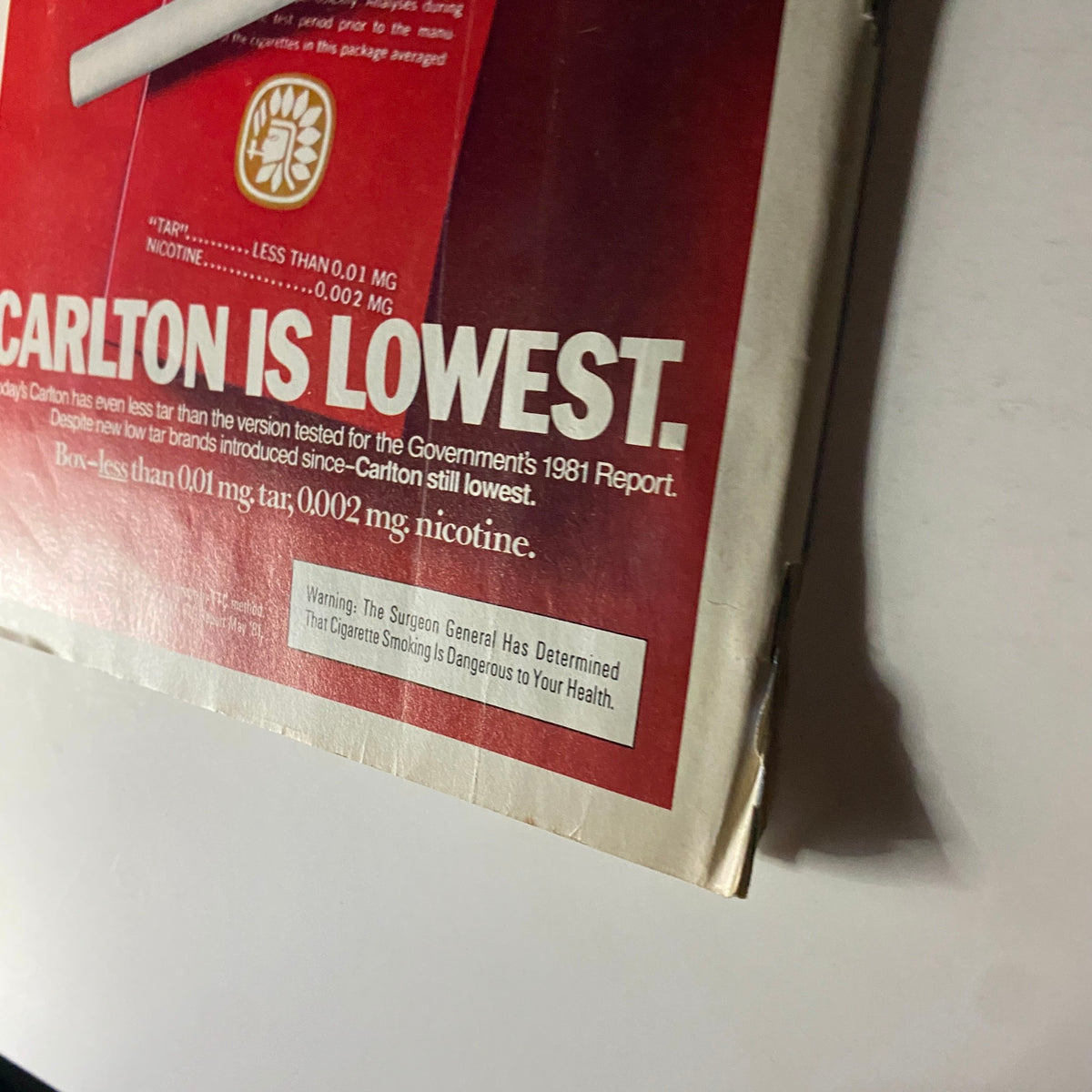 Close-up of the back cover of People Weekly Magazine January 11, 1982, showcasing Carlton cigarette advertisement emphasizing low tar content.