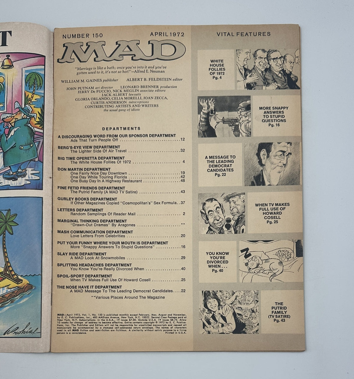 Inside page from MAD Magazine No. 150 April 1972 displaying the Table of Contents, highlighting various departments and features within the issue.