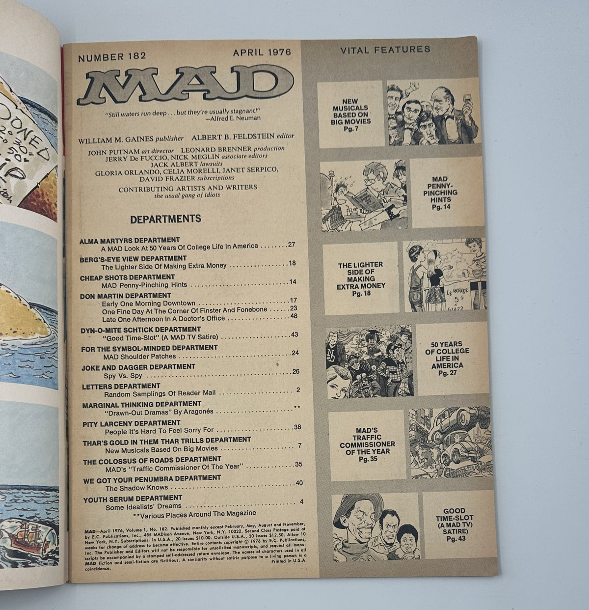 Inside page of MAD Magazine No. 182 displaying the table of contents for April 1976. This page lists departments including 'Alma Martyrs Department' and 'New Musicals Based on Big Movies' along with page references.