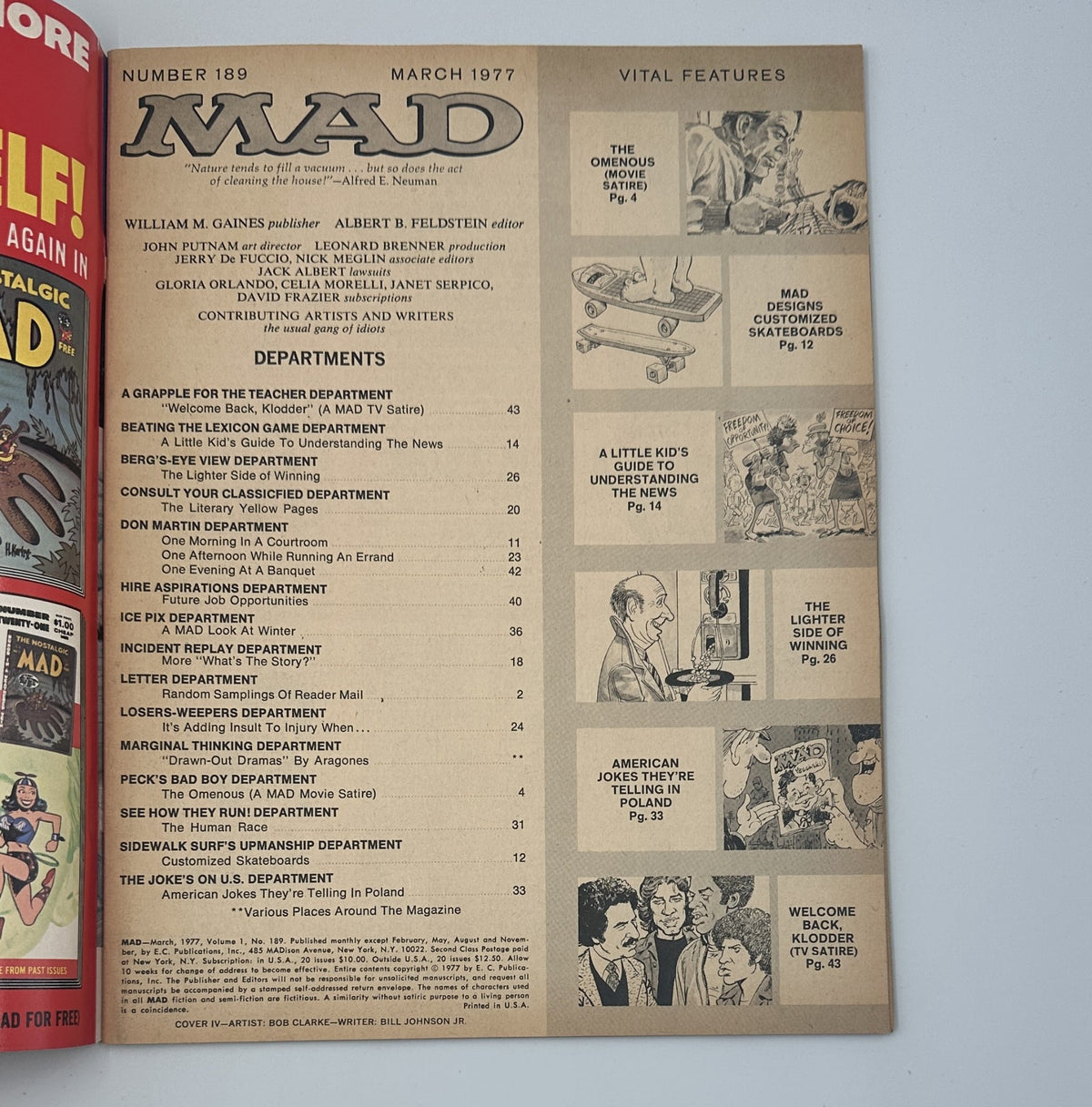 Inside page of MAD Magazine No. 189 March 1977 showcasing the table of contents, highlighting key features including The Omen and various departments like Beating the Lexicon Game.