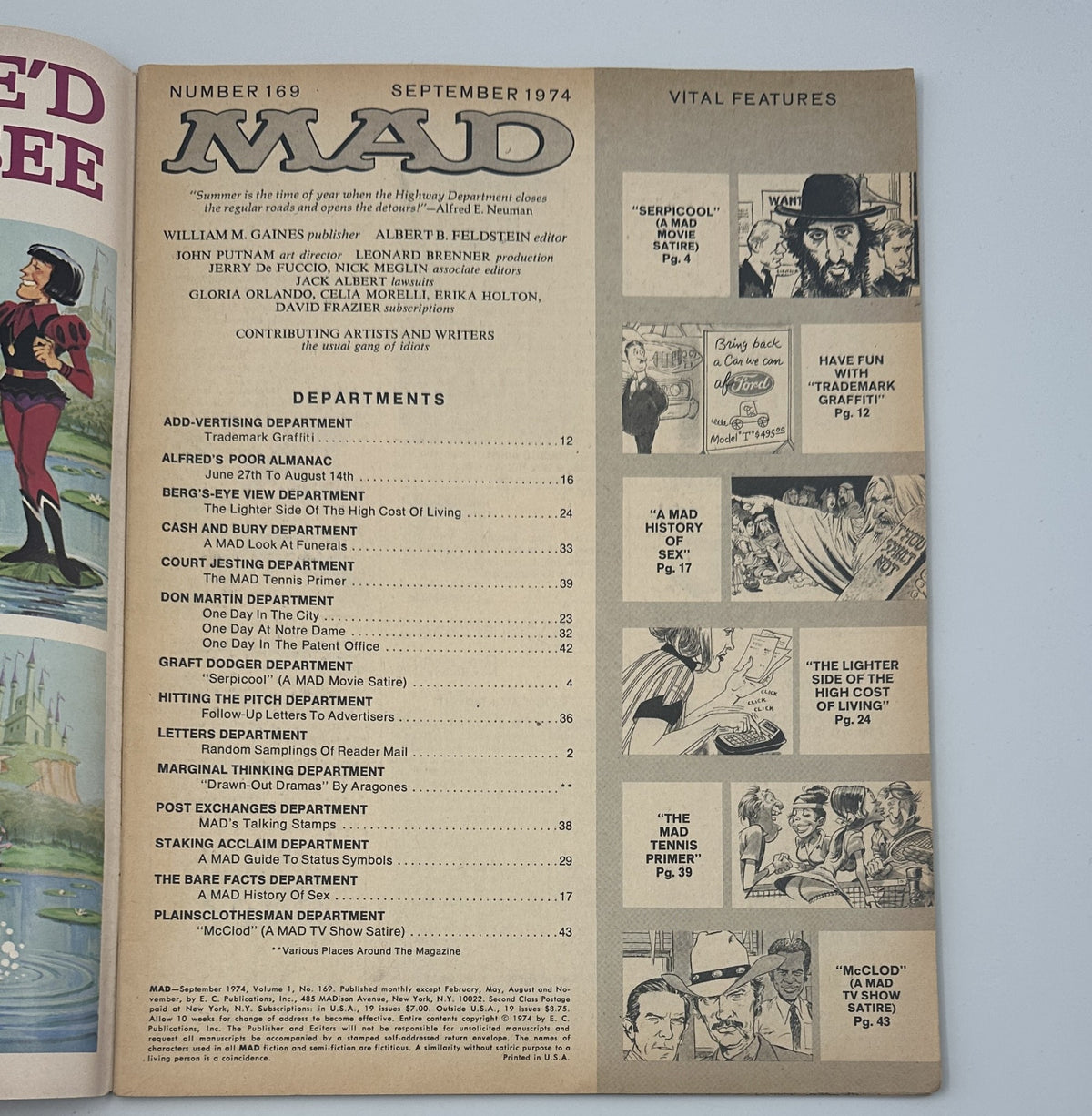 Front cover of MAD Magazine No. 169 from September 1974 featuring Serpicool and McClod, displaying various departments and vital features.