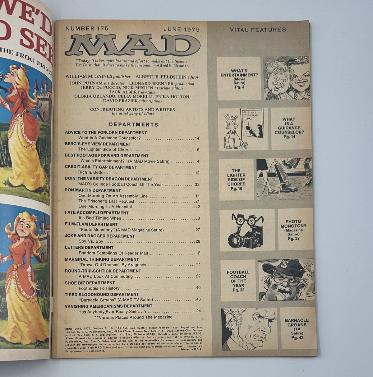 Inside page of MAD Magazine No. 175 from June 1975 showcasing the table of contents, detailing various satirical departments and features.